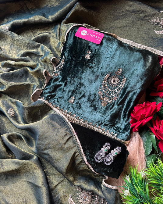 Hand crafted pure velvet suit set with tissue dupatta