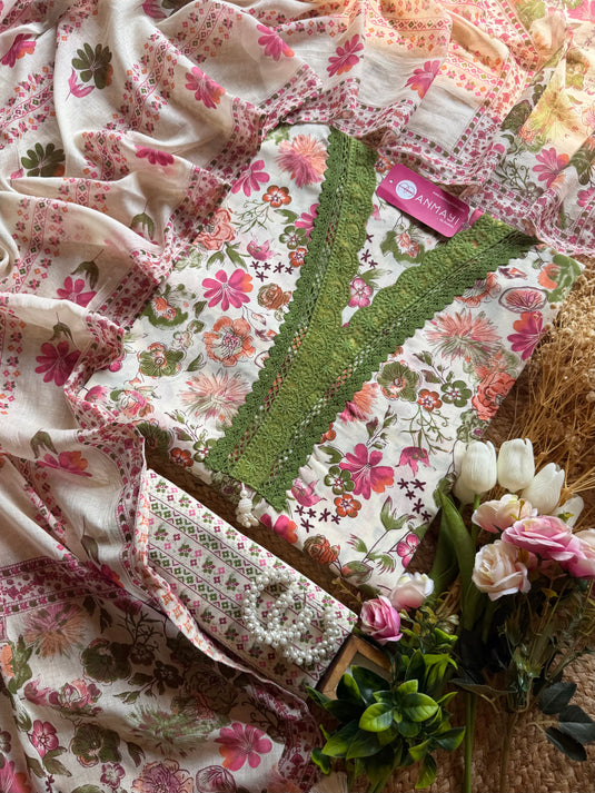 Cream base floral print pakistani suit set
