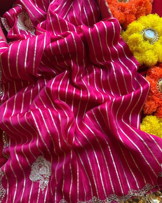 Stripes georgette embroidered saree with raw silk blouse