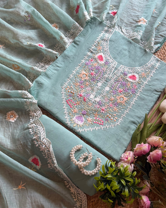 Parsi work soft pastel mul chanderi suit set