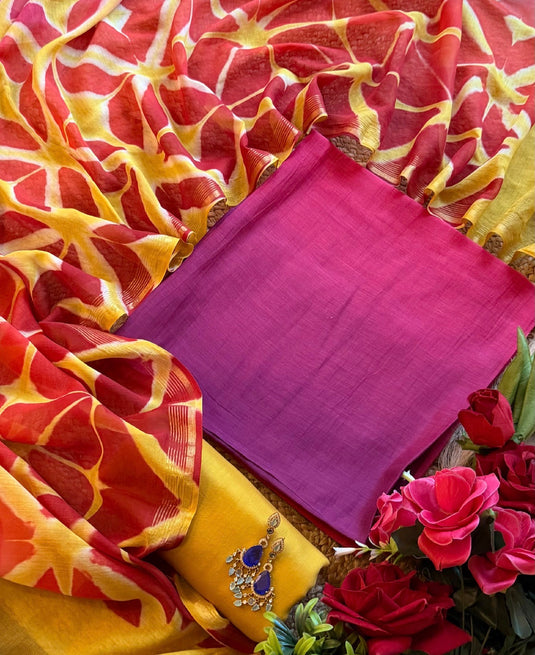 Ombré pure Mul Chanderi suits with combination bottom and Shibori dyed dupatta