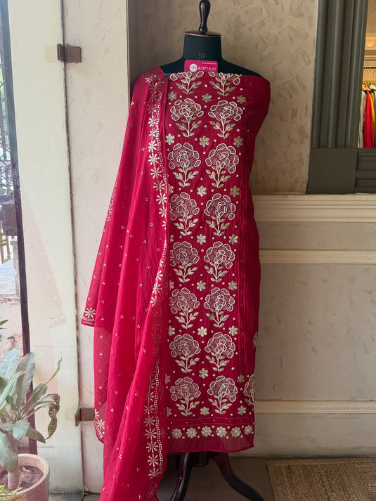Pearl pita festive shade panel work mul chanderi suit set