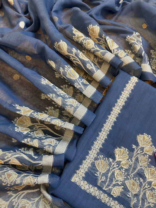 Jamdani indigo cutwork highlight neck cotton silk suit