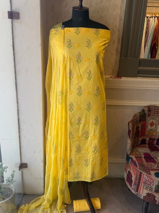 Applique flower pure cotton yellow suit set with pure chiffon dupatta