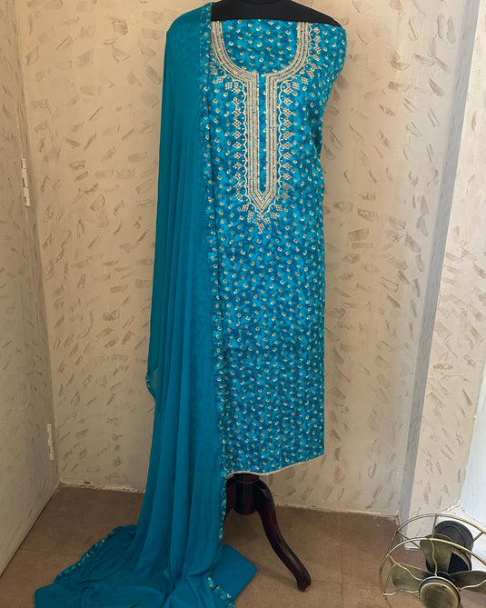 Bandhani cambric cotton suit set with chiffon dupatta