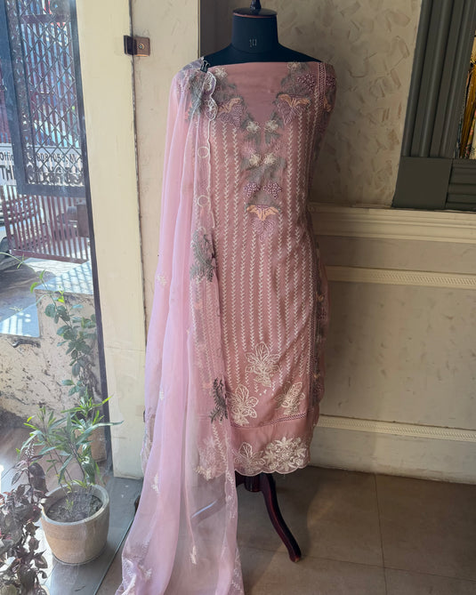 Organza pastel thread work pakistani suit set