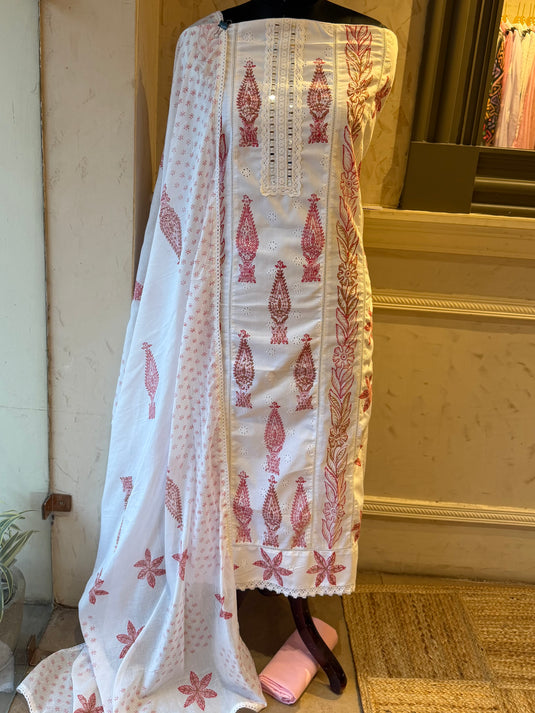 Pure cotton Hakooba block white suit set with mirror neck