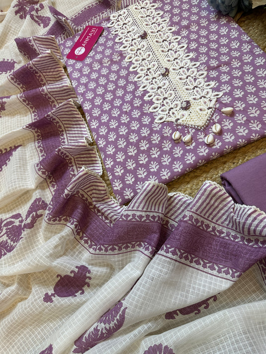 Soft lily fine cambric cotton suit with block Kota dupatta
