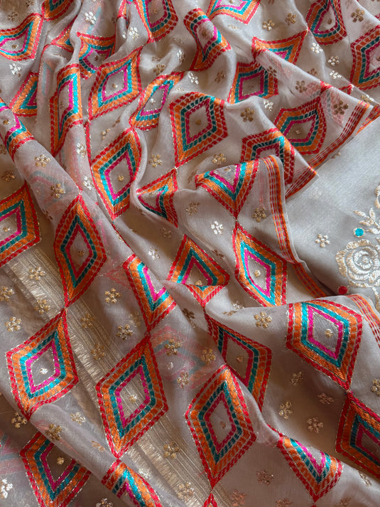 Kamdani work soft organza suit set with Phulkari dupatta