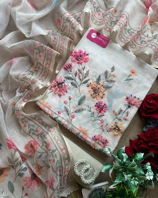 Kota banarasi wonder garden Ivory suit set