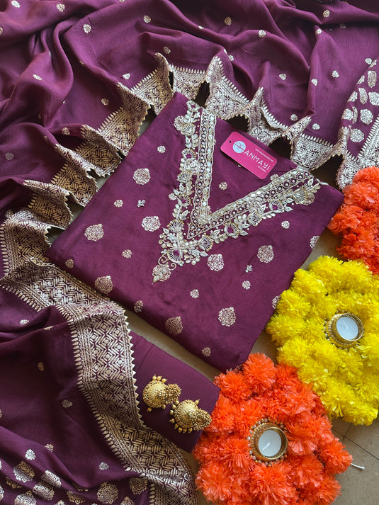 Dolla Silk Banarasi V neck suit set