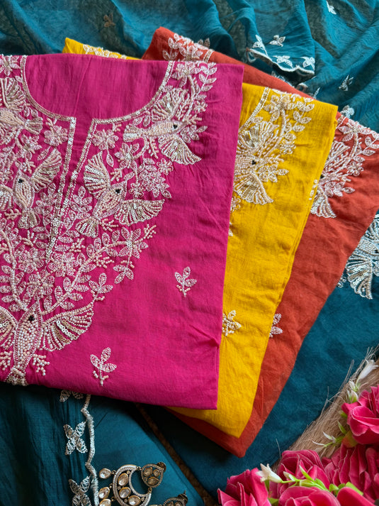 Flying bird pearl work Mul Chanderi suit set