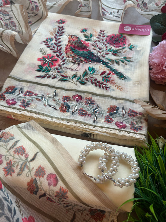 Kota Banarasi ivory bird pattern suit sets