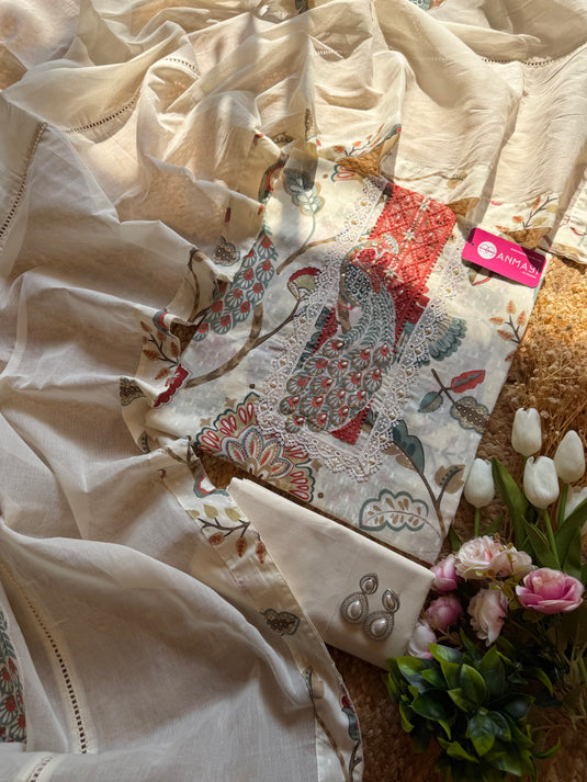 Printed patch work cream suit set with pearl neck