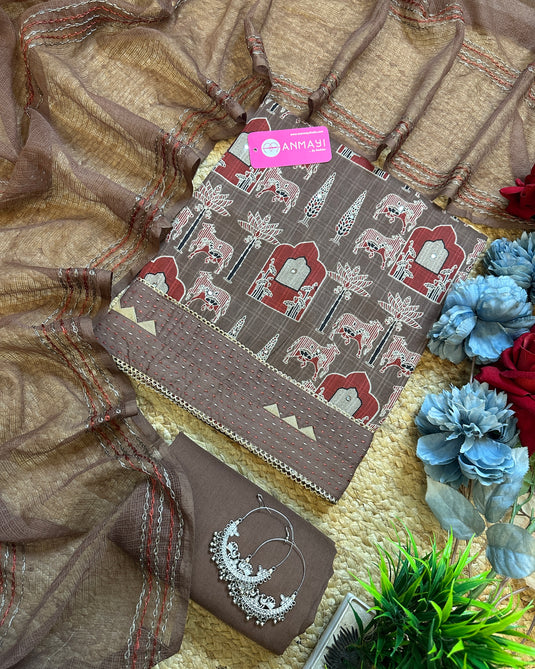 Pichwai print cambric cotton suit with weaved border