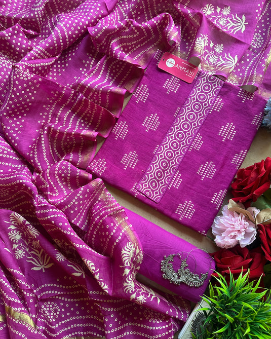 Maheshwari cotton printed suit set with Bandhani print dupatta