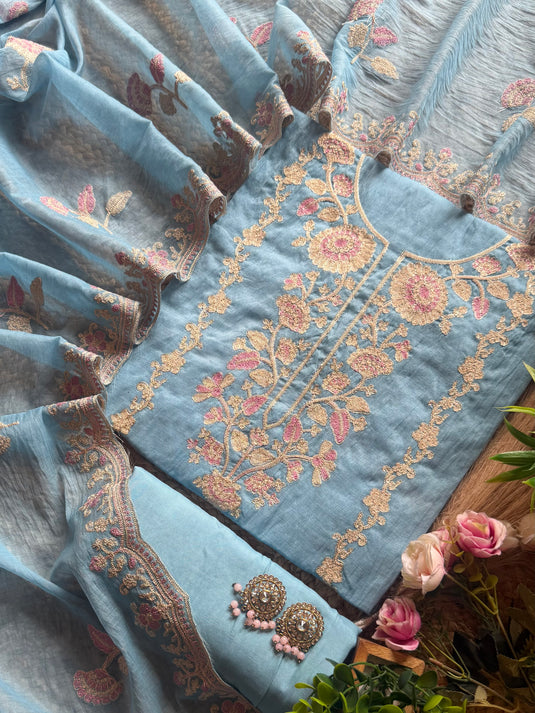 Festive coloured Dori work Mul Chanderi suit set