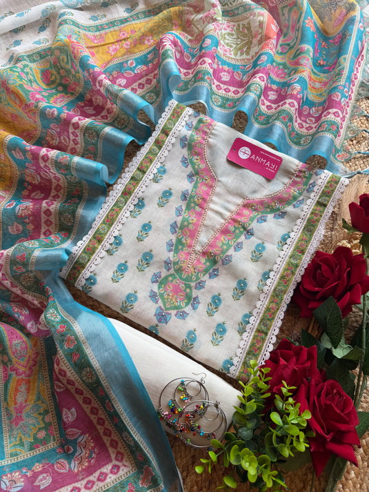 Pakistani pearl details flower linen suit set