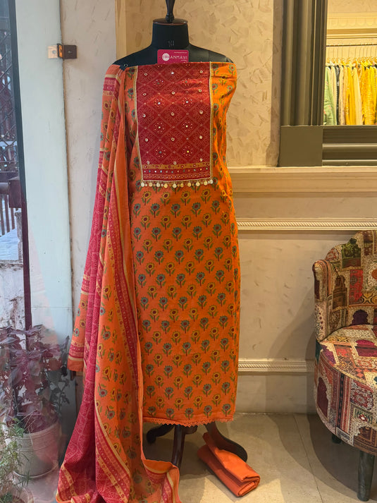 Floral Bandhani fusion mul cotton suit set