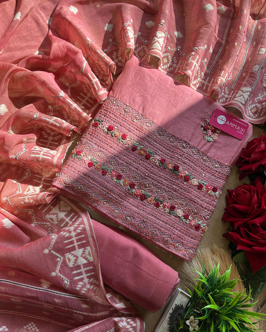 French knots rose work Maheshwari suit set with Jamdani Kantha work dupatta