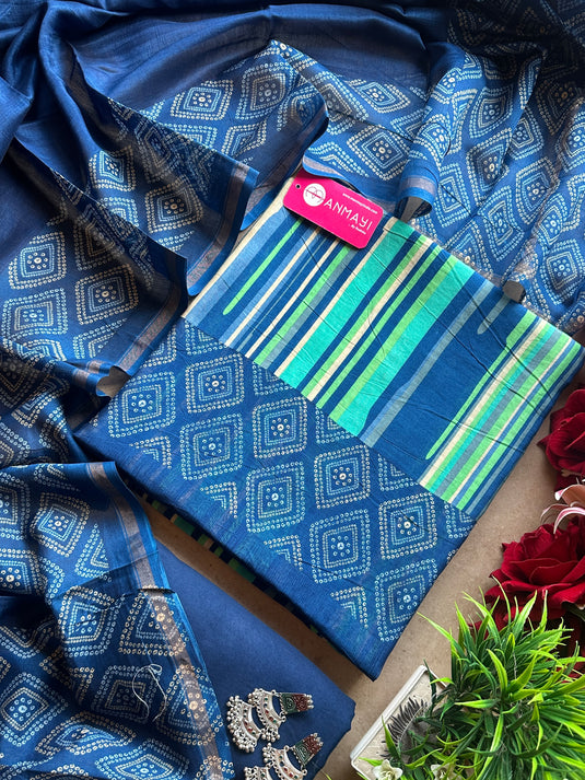 Stripes rainbow bandhani print pure Maheshwari suit set