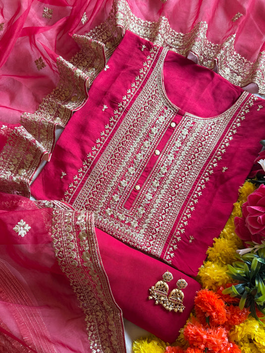 Art raw silk dori neck suit with organza dupatta