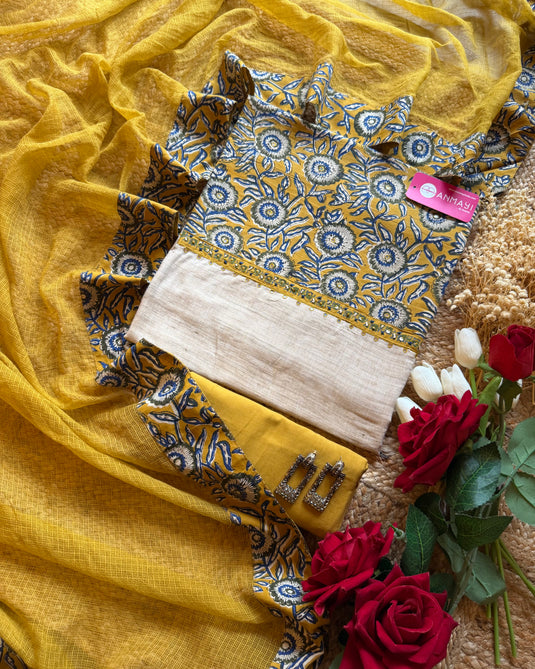 Ajrakh choli soft handloom suit set with soft Kota dupatta