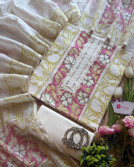 Creamy panel flower suit set with kota block dupatta