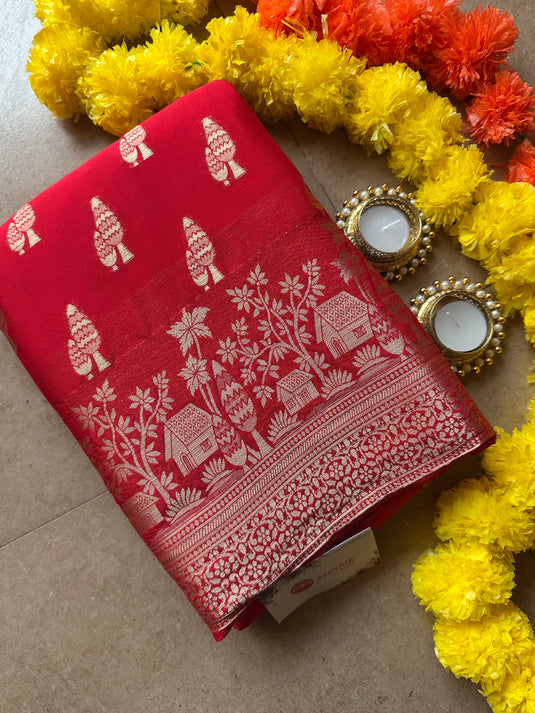 Pine tree chiffon banarasi saree with tassels