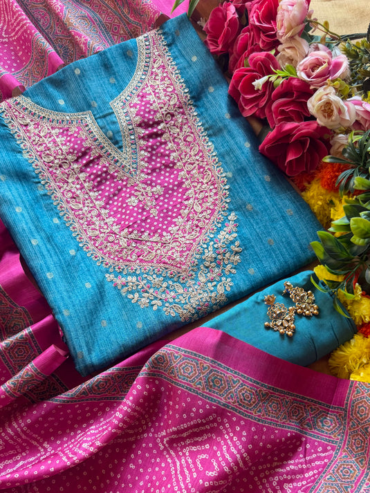 Patched bandhani Dori art Tussar silk suit set