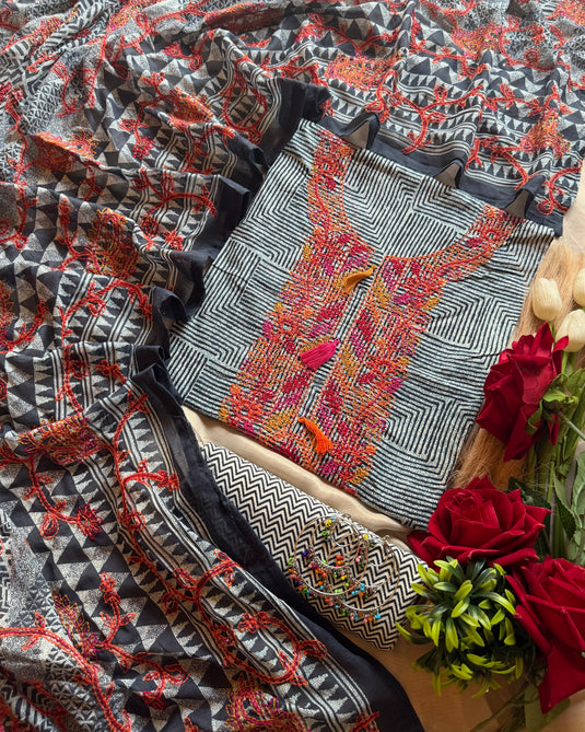 Coloured Kantha neck and dupatta on printed cotton suit