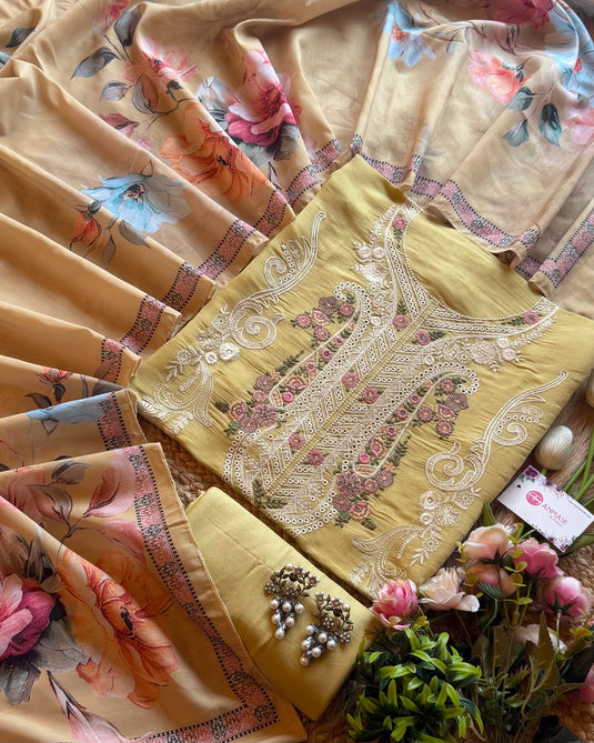 Pakistani patterned mul chanderi suit with digital muslin stole