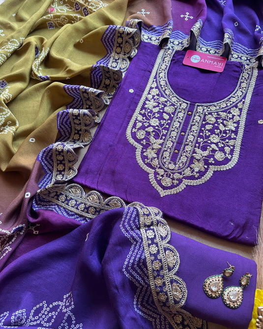 Upada silk dori temple neck suit with combination bandhani dupatta