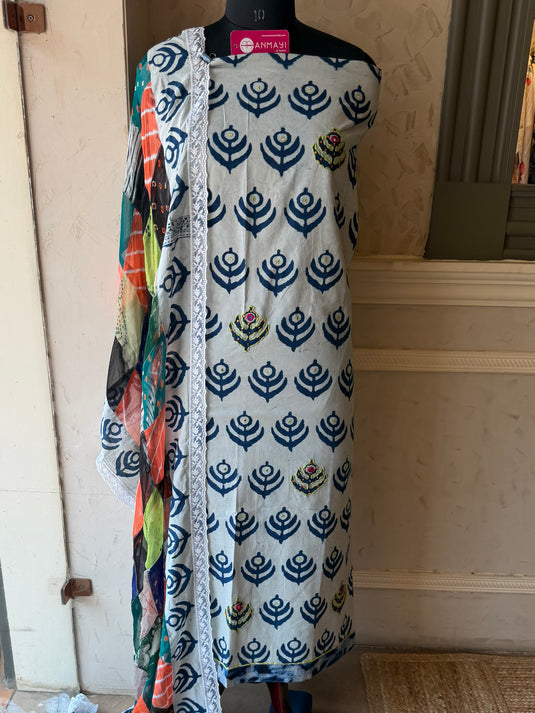 Indigo batik print pure cotton suit set with