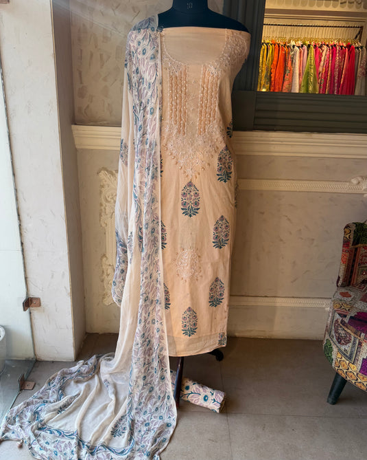 Pure Cotton block print beige Lucknawi work suit with chiffon dupatta