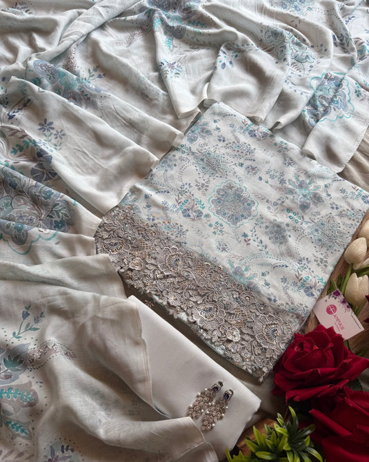 Digital fine muslin organza work border suit set