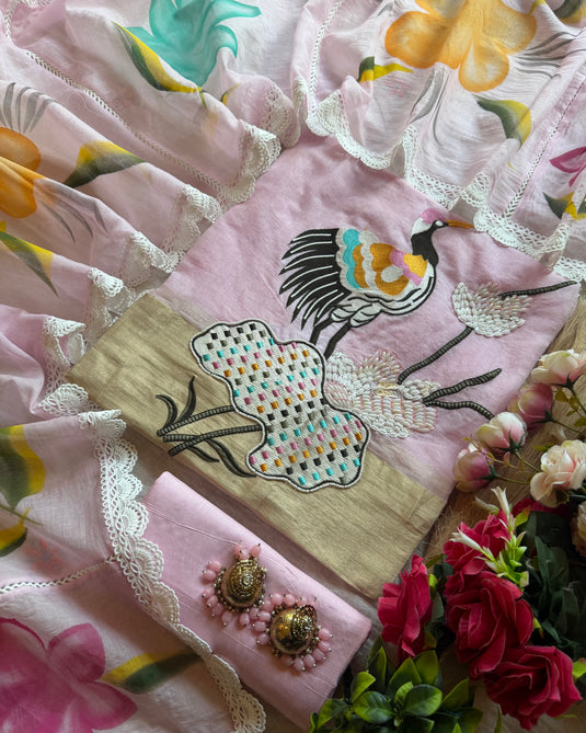 Pearl studded Crane Mul cotton suit set with handpaint dupatta