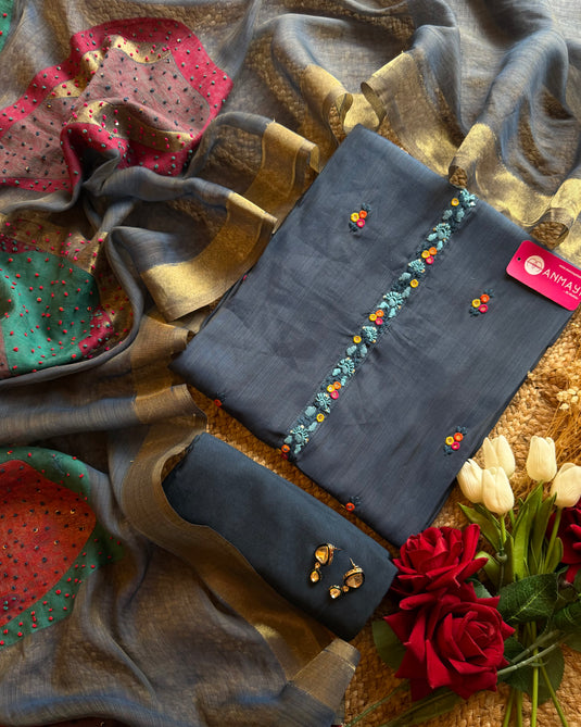 Jamdani Maheshwari mirror work suit set with knot work dupatta