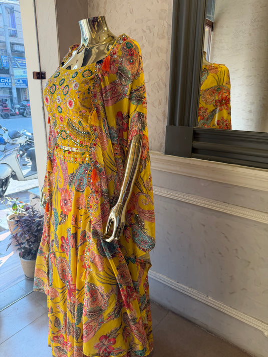 Yellow 3 pcs Haldi dress with embroidered choli, skirt and drape