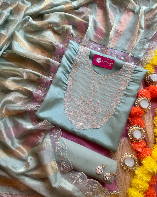 Shimmer silk patterned neck suit set with banarasi dupatta