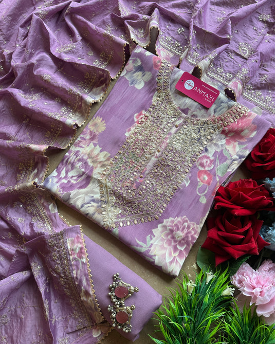 Printed modal floral suit set with golden Dori work