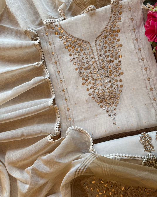 Paper mirror gold border ivory Jamdani suit set