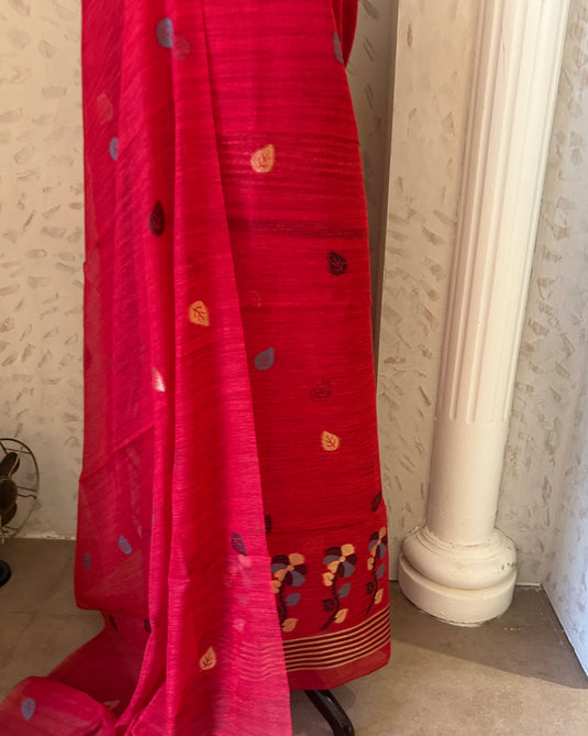 Jamdani flower bouquet chanderi silk suit set with cotton bottom