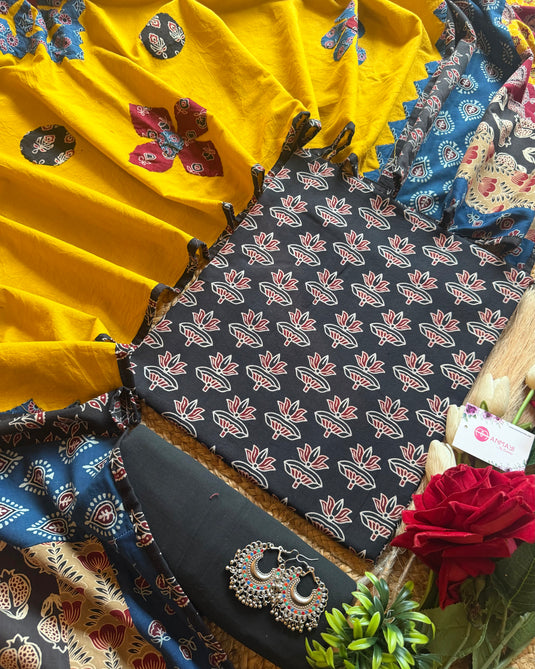 Pure cotton Ajrakh print suit set with combination patched dupatta