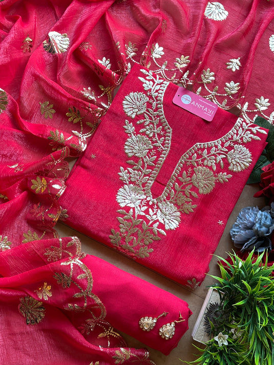 Silver pita work crushed artificial silk suit set