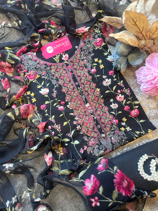 Red floral garden cambric cotton suit with chiffon printed dupatta