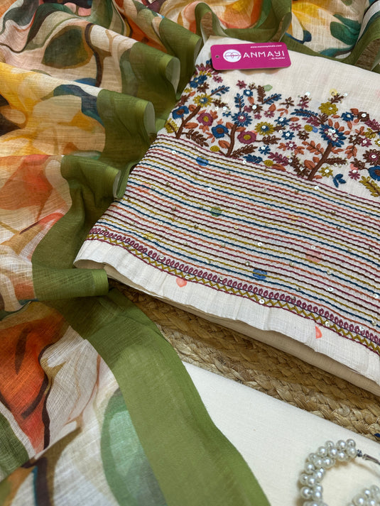 Linen coloured French knot work ghera suit with digital dupatta