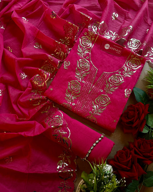 Rose Mul Chanderi pita work suit set