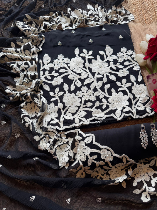 Pakistani patterned aari work black fine chinnon suit set