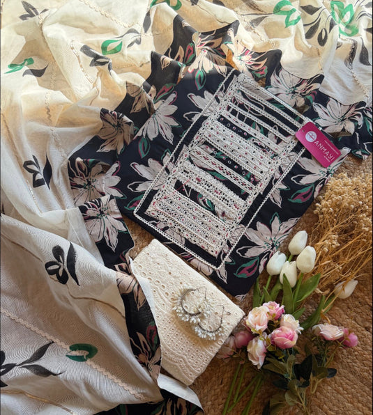 Cotton crochet pattern neck with handpaint dupatta